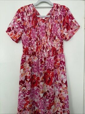 Kranda Floral Smocked Casual Dress in Pink